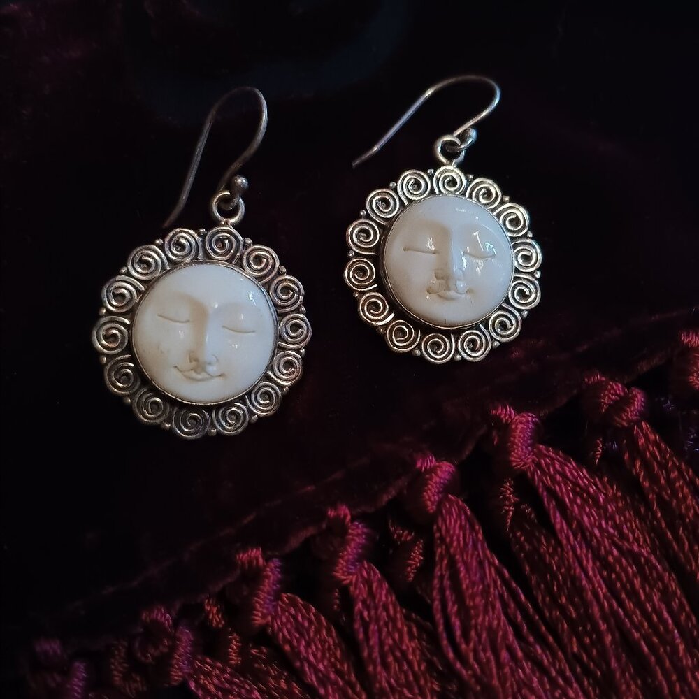 Bali Carved Bone Sun Earrings in Sterling Silver